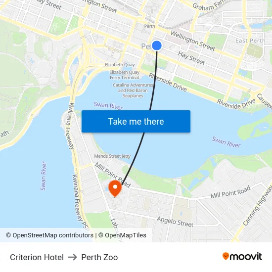Criterion Hotel, Hay St Perth WA 6000 to Perth Zoo map