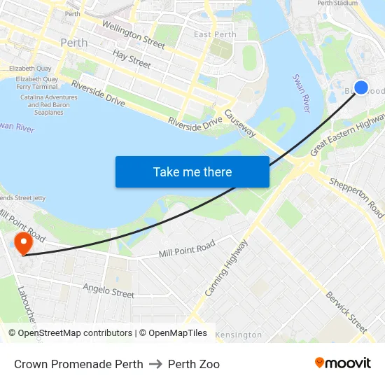 Crowne Promenade Perth to Perth Zoo map
