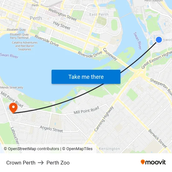 Crown Perth to Perth Zoo map