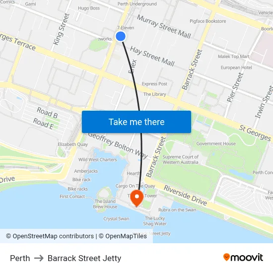 Perth to Barrack Street Jetty map