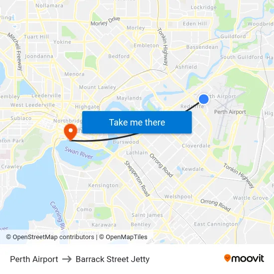 Perth Airport to Barrack Street Jetty map