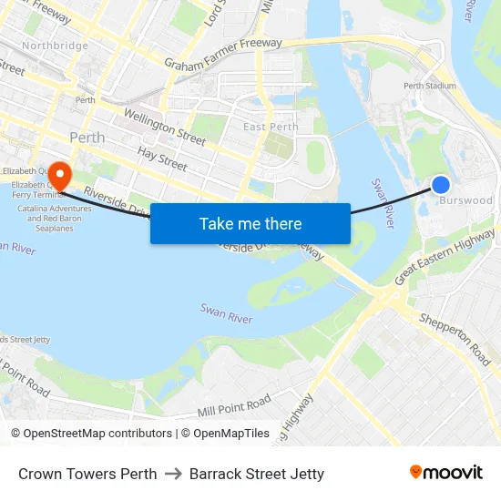 Crown Towers Perth to Barrack Street Jetty map