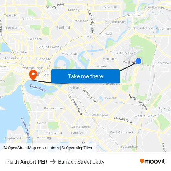 Perth Airport PER to Barrack Street Jetty map