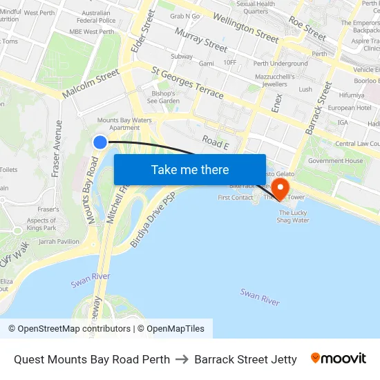 Quest Mounts Bay Road Perth to Barrack Street Jetty map