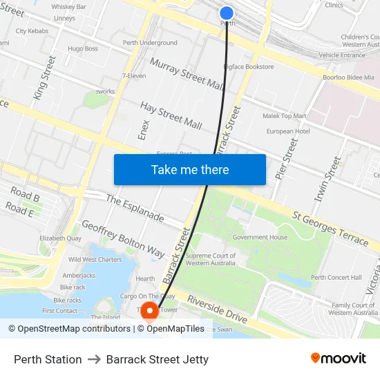 Perth Station to Barrack Street Jetty map