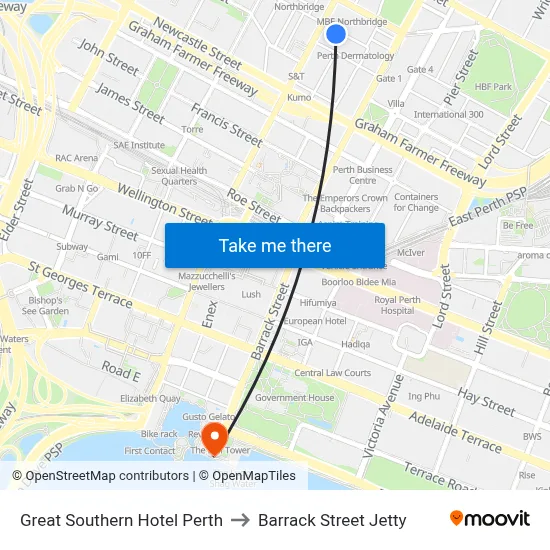 Great Southern Hotel Perth to Barrack Street Jetty map