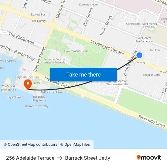 256 Adelaide Terrace to Barrack Street Jetty map
