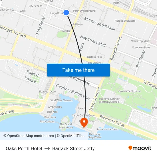Oaks Perth Hotel to Barrack Street Jetty map
