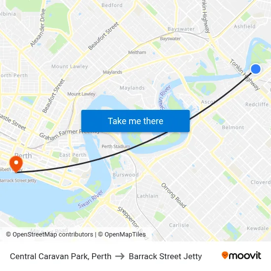 Central Caravan Park, Perth to Barrack Street Jetty map