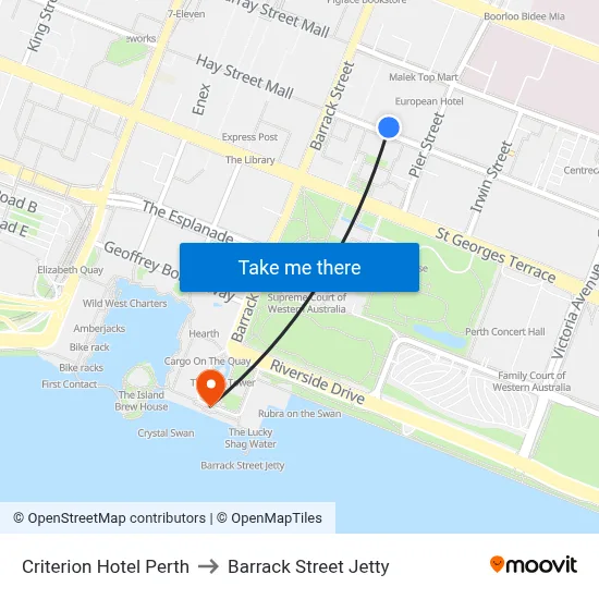 Criterion Hotel Perth to Barrack Street Jetty map