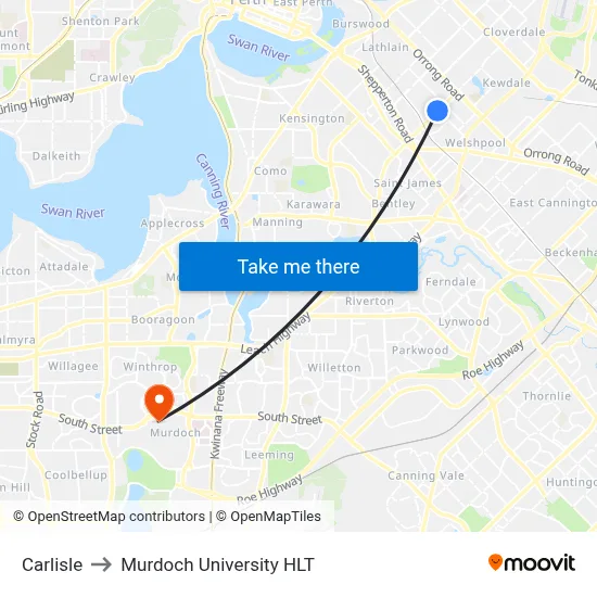 Carlisle to Murdoch University HLT map