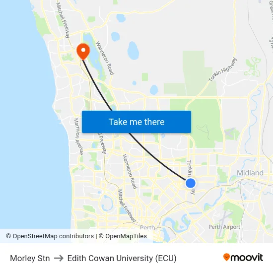 Morley Stn to Edith Cowan University (ECU) map