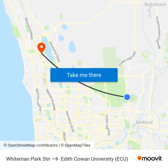 Whiteman Park Stn to Edith Cowan University (ECU) map