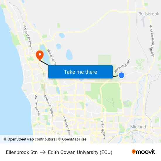 Ellenbrook Stn to Edith Cowan University (ECU) map