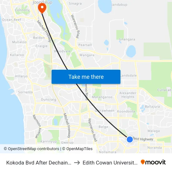 Kokoda Bvd After Dechaineux Pwy to Edith Cowan University (ECU) map