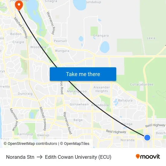 Noranda Stn to Edith Cowan University (ECU) map