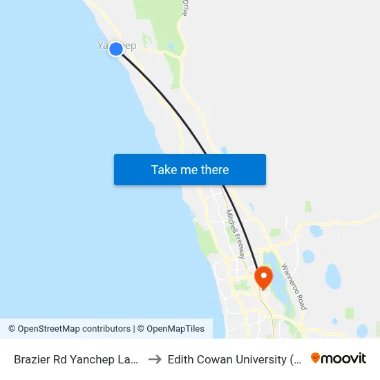 Brazier Rd Yanchep Lagoon to Edith Cowan University (ECU) map
