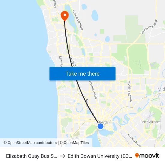 Elizabeth Quay Bus Stn to Edith Cowan University (ECU) map