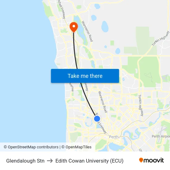 Glendalough Stn to Edith Cowan University (ECU) map