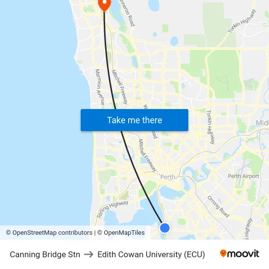 Canning Bridge Stn to Edith Cowan University (ECU) map