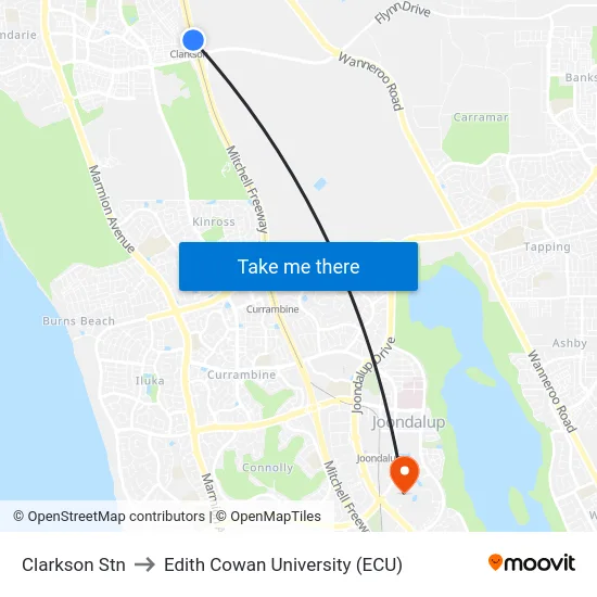 Clarkson Stn to Edith Cowan University (ECU) map