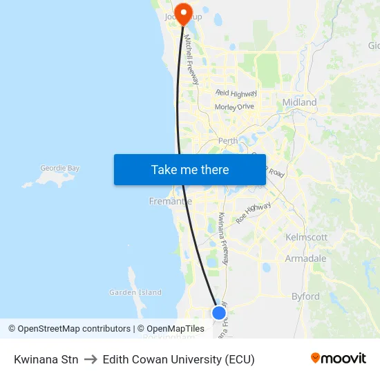 Kwinana Stn to Edith Cowan University (ECU) map