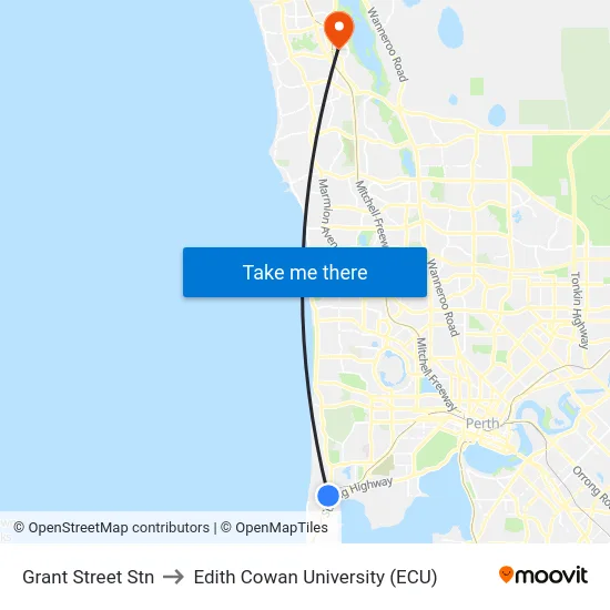 Grant Street Stn to Edith Cowan University (ECU) map