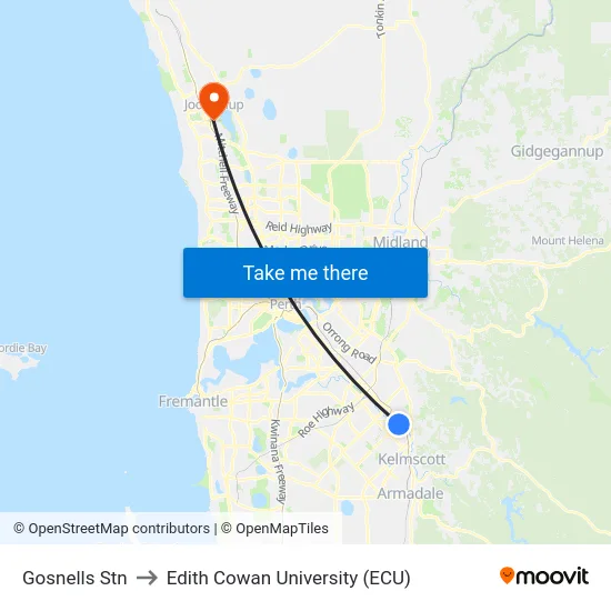 Gosnells Stn to Edith Cowan University (ECU) map
