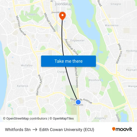 Whitfords Stn to Edith Cowan University (ECU) map