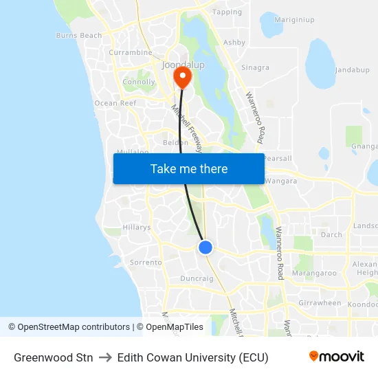 Greenwood Stn to Edith Cowan University (ECU) map