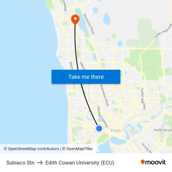 Subiaco Stn to Edith Cowan University (ECU) map