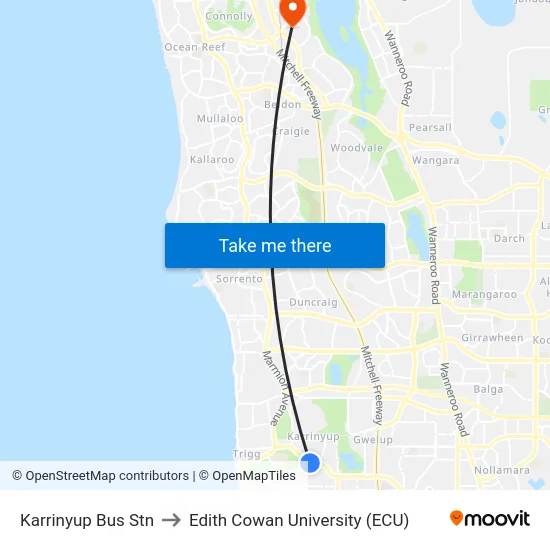 Karrinyup Bus Stn to Edith Cowan University (ECU) map
