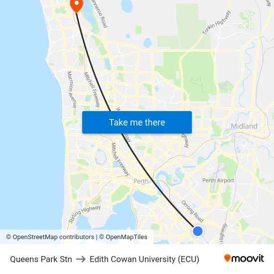 Queens Park Stn to Edith Cowan University (ECU) map