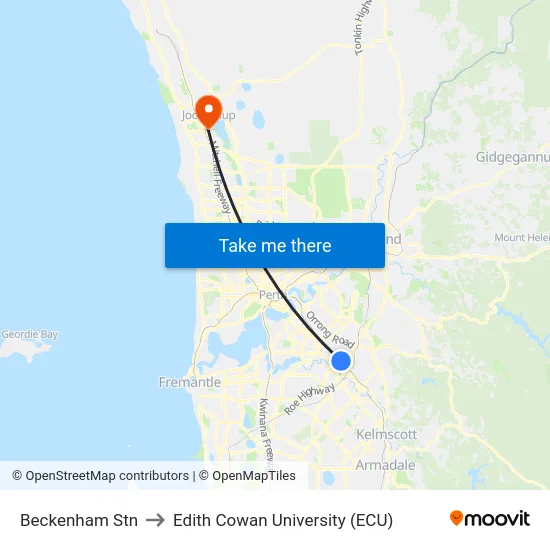 Beckenham Stn to Edith Cowan University (ECU) map