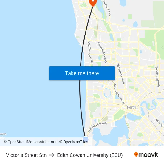 Victoria Street Stn to Edith Cowan University (ECU) map