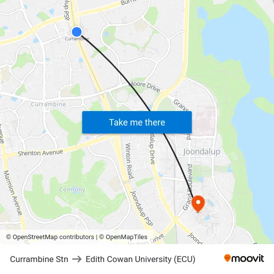 Currambine Stn to Edith Cowan University (ECU) map