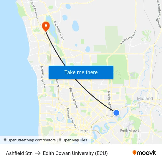 Ashfield Stn to Edith Cowan University (ECU) map