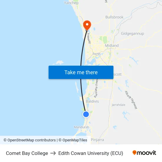 Comet Bay College to Edith Cowan University (ECU) map