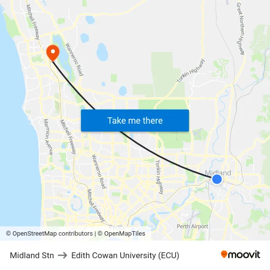 Midland Stn to Edith Cowan University (ECU) map