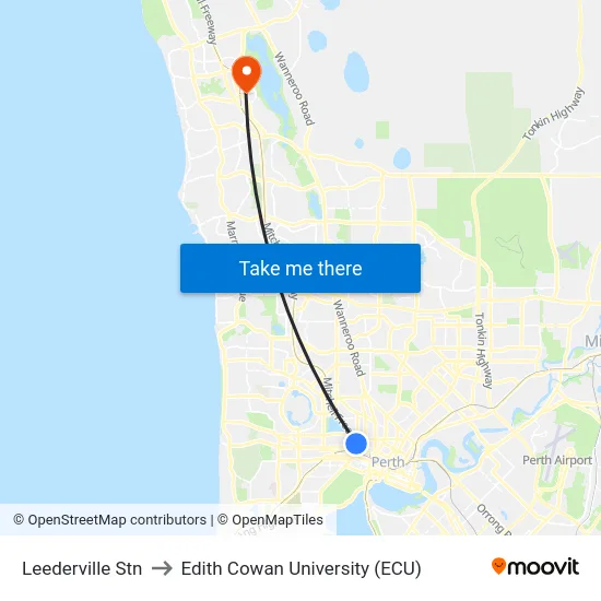 Leederville Stn to Edith Cowan University (ECU) map