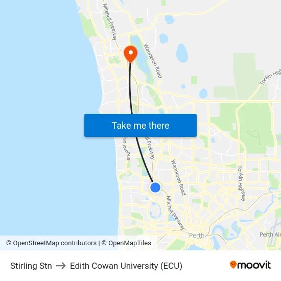 Stirling Stn to Edith Cowan University (ECU) map