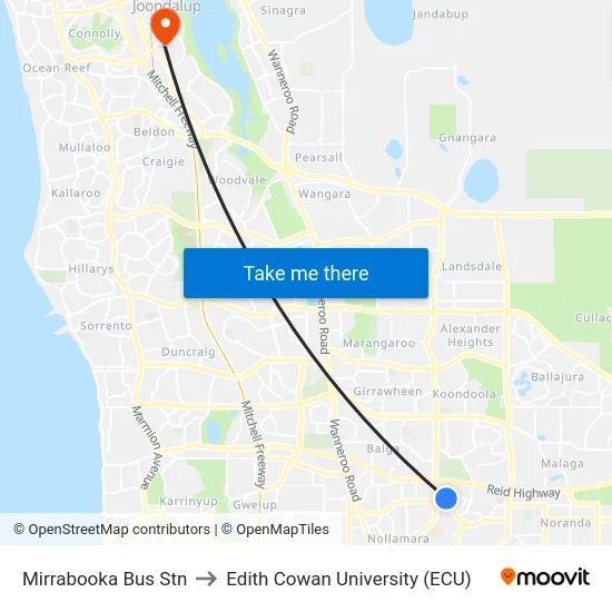 Mirrabooka Bus Stn to Edith Cowan University (ECU) map
