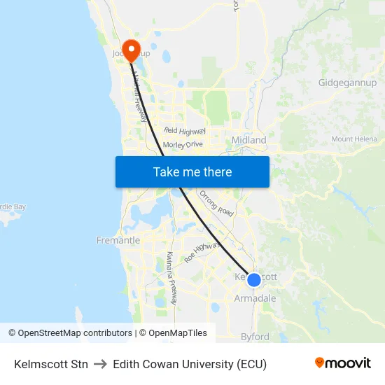 Kelmscott Stn to Edith Cowan University (ECU) map