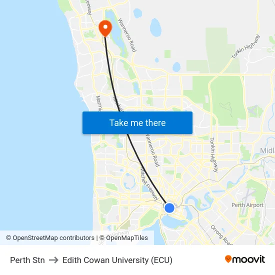 Perth Stn to Edith Cowan University (ECU) map