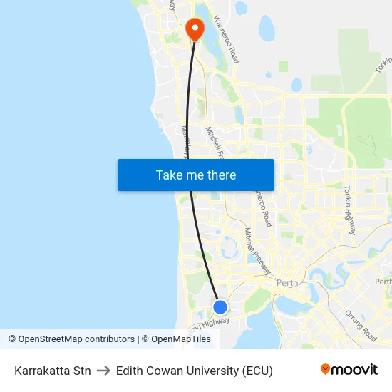 Karrakatta Stn to Edith Cowan University (ECU) map
