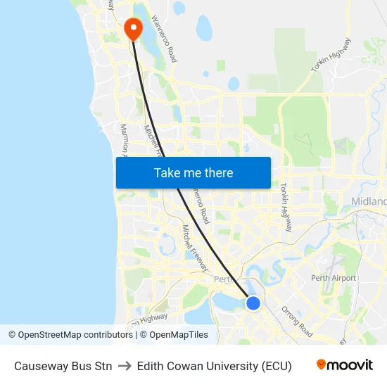 Causeway Bus Stn to Edith Cowan University (ECU) map