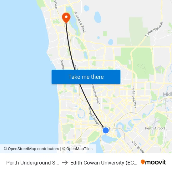 Perth Underground Stn to Edith Cowan University (ECU) map