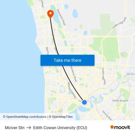 Mciver Stn to Edith Cowan University (ECU) map
