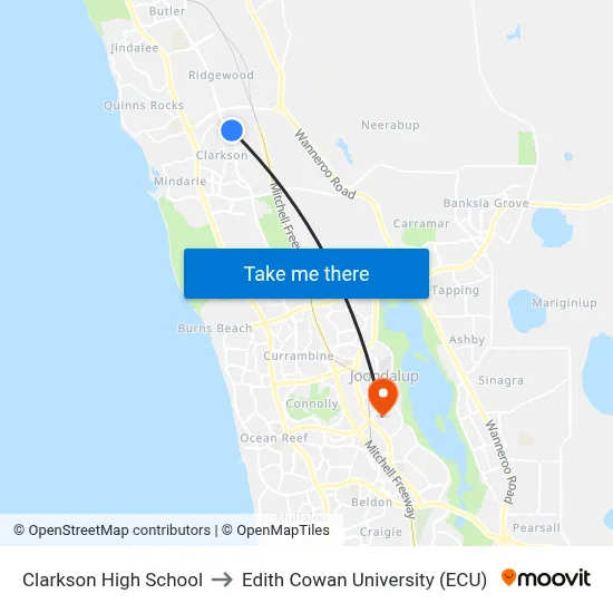 Clarkson High School to Edith Cowan University (ECU) map