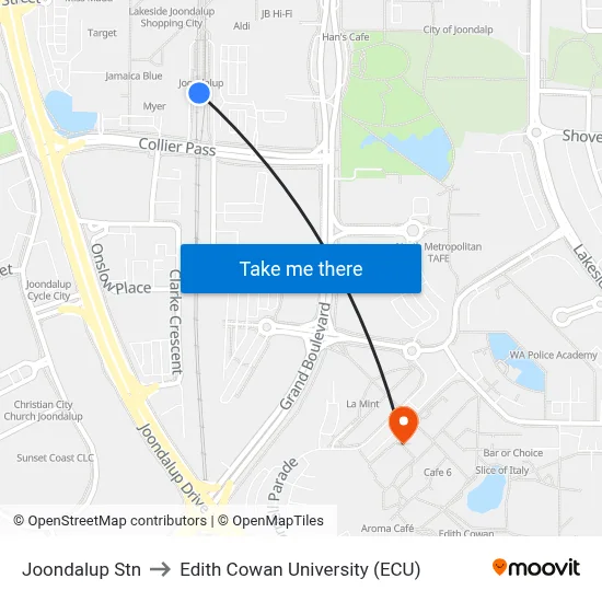 Joondalup Stn to Edith Cowan University (ECU) map
